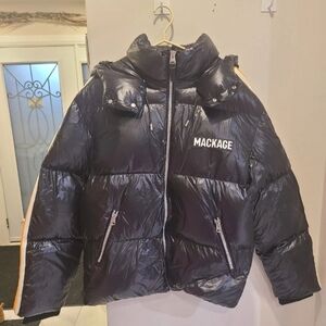 Mackage Glossy Black Puffer Jacket with Orange Accents
